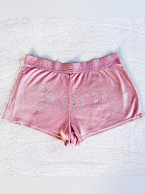 Juicy Couture Y2K “Juicy” Rhinestone Velour Booty Shorts, Pink Blush, Size M